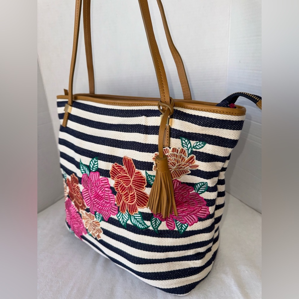 Chico's Striped Vibrant Floral Embroidered Cotton Leather Tote Shoulder Purse - Picture 4 of 14